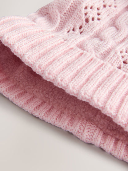 Pink Pointelle Cable Knitted Pom Hat image 2