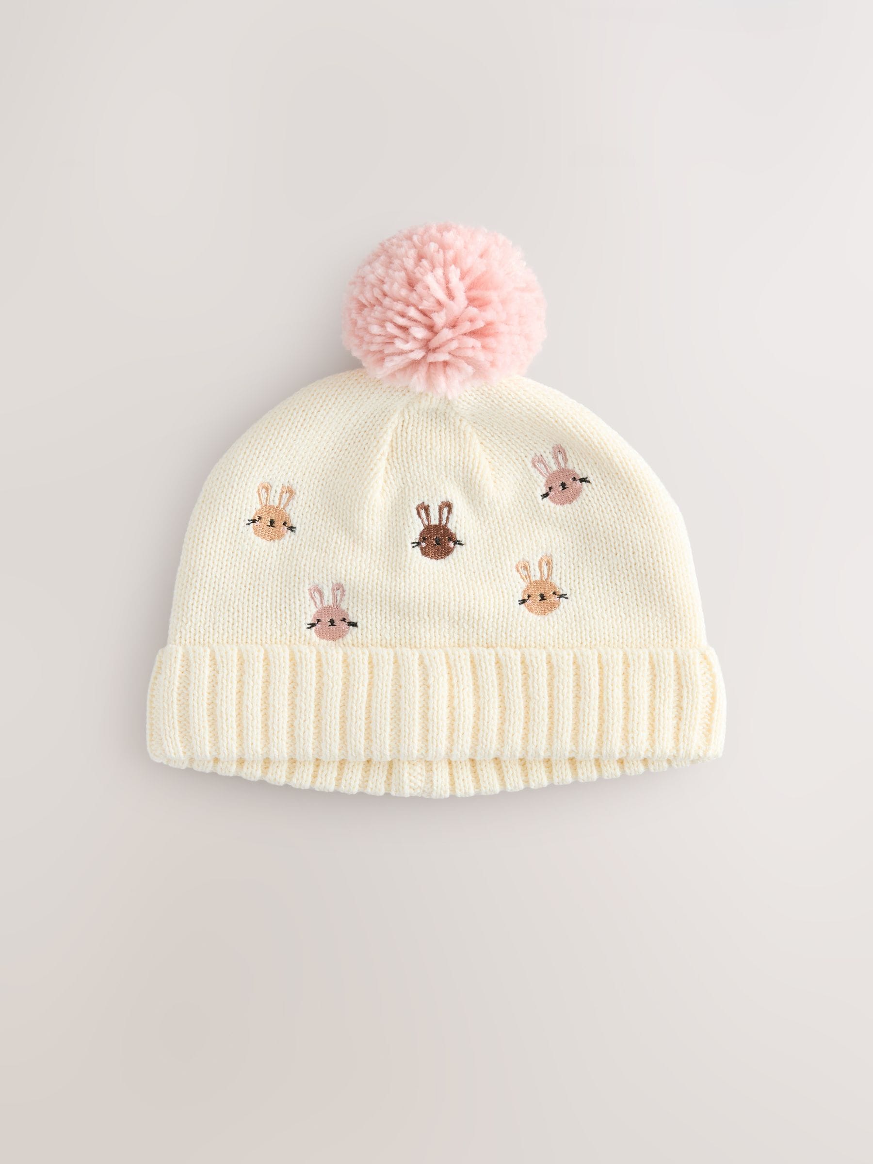 Pink/Cream Embroidered Bunny Character Pom Knitted Hat (0mths-2yrs) image 3