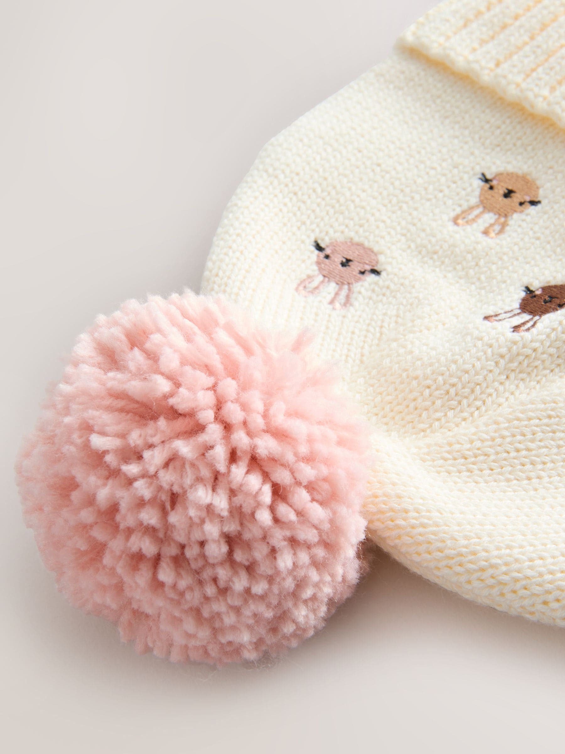 Pink/Cream Embroidered Bunny Character Pom Knitted Hat (0mths-2yrs) image 4