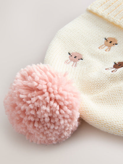 Pink/Cream Embroidered Bunny Character Pom Knitted Hat (0mths-2yrs) image 4