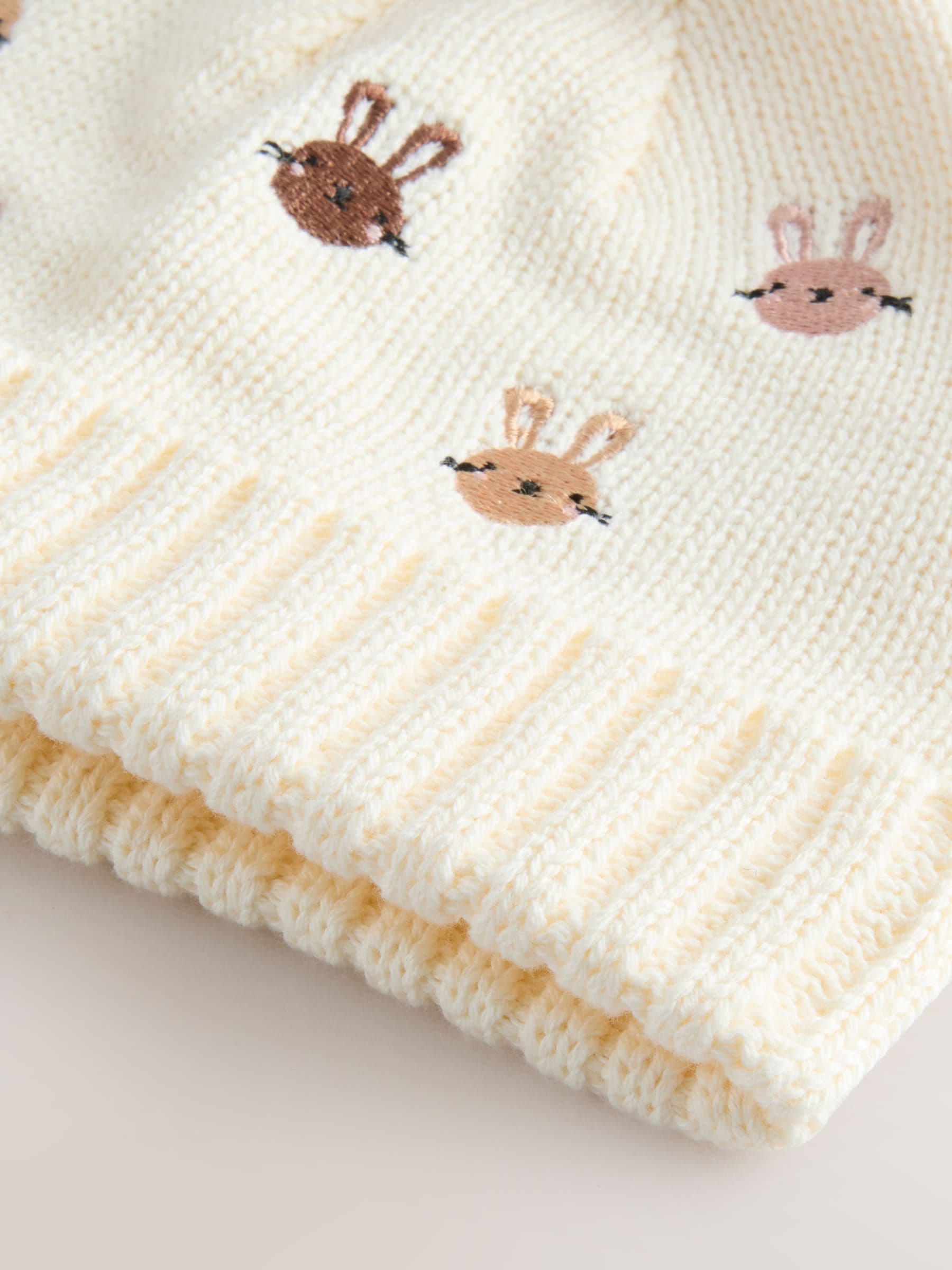 Pink/Cream Embroidered Bunny Character Pom Knitted Hat (0mths-2yrs) image 5