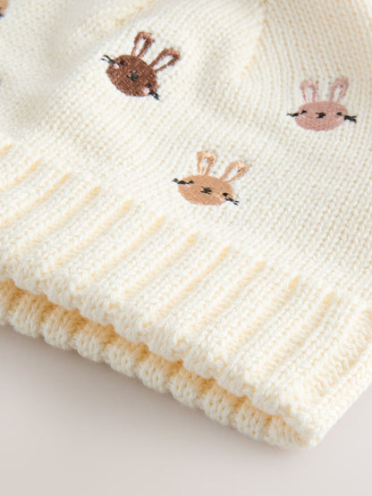 Pink/Cream Embroidered Bunny Character Pom Knitted Hat (0mths-2yrs) image 5