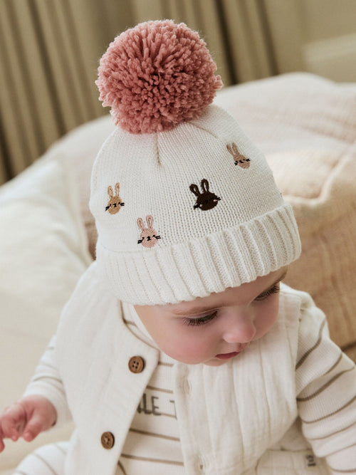 Pink/Cream Embroidered Bunny Character Pom Knitted Hat (0mths-2yrs) image 1