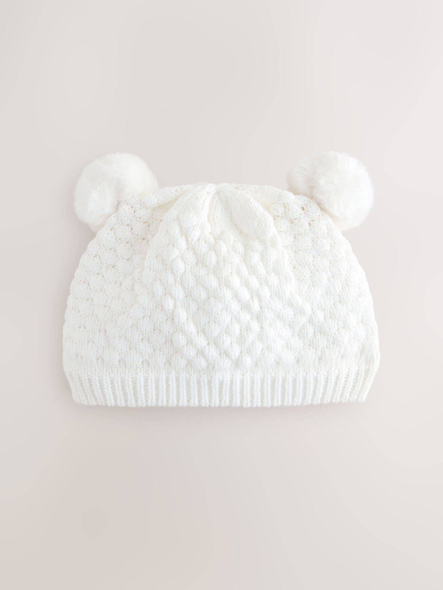 White Baby Double Pom Knitted Hat (0mths-2yrs)