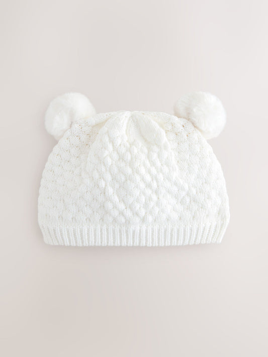 White Baby Double Pom Knitted Hat (0mths-2yrs)