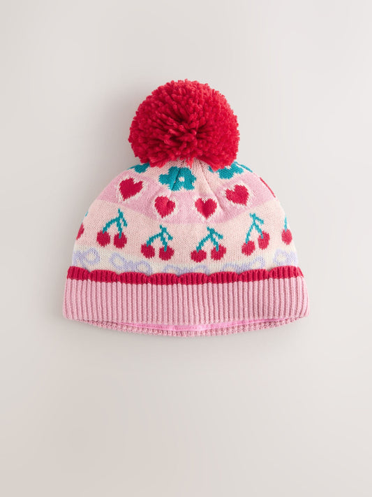 Pink Baby Cherry Fairisle Pattern Knitted Pom Hat (0mths-2yrs) image 1