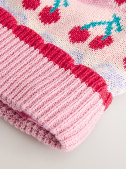 Pink Baby Cherry Fairisle Pattern Knitted Pom Hat (0mths-2yrs) image 3