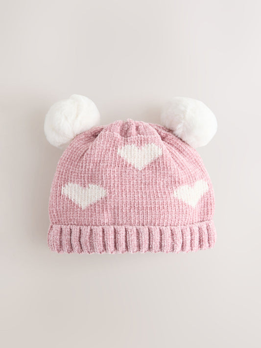 Pink Baby Heart Print Double Pom Chenillle Knitted Hat (0mths-2yrs)