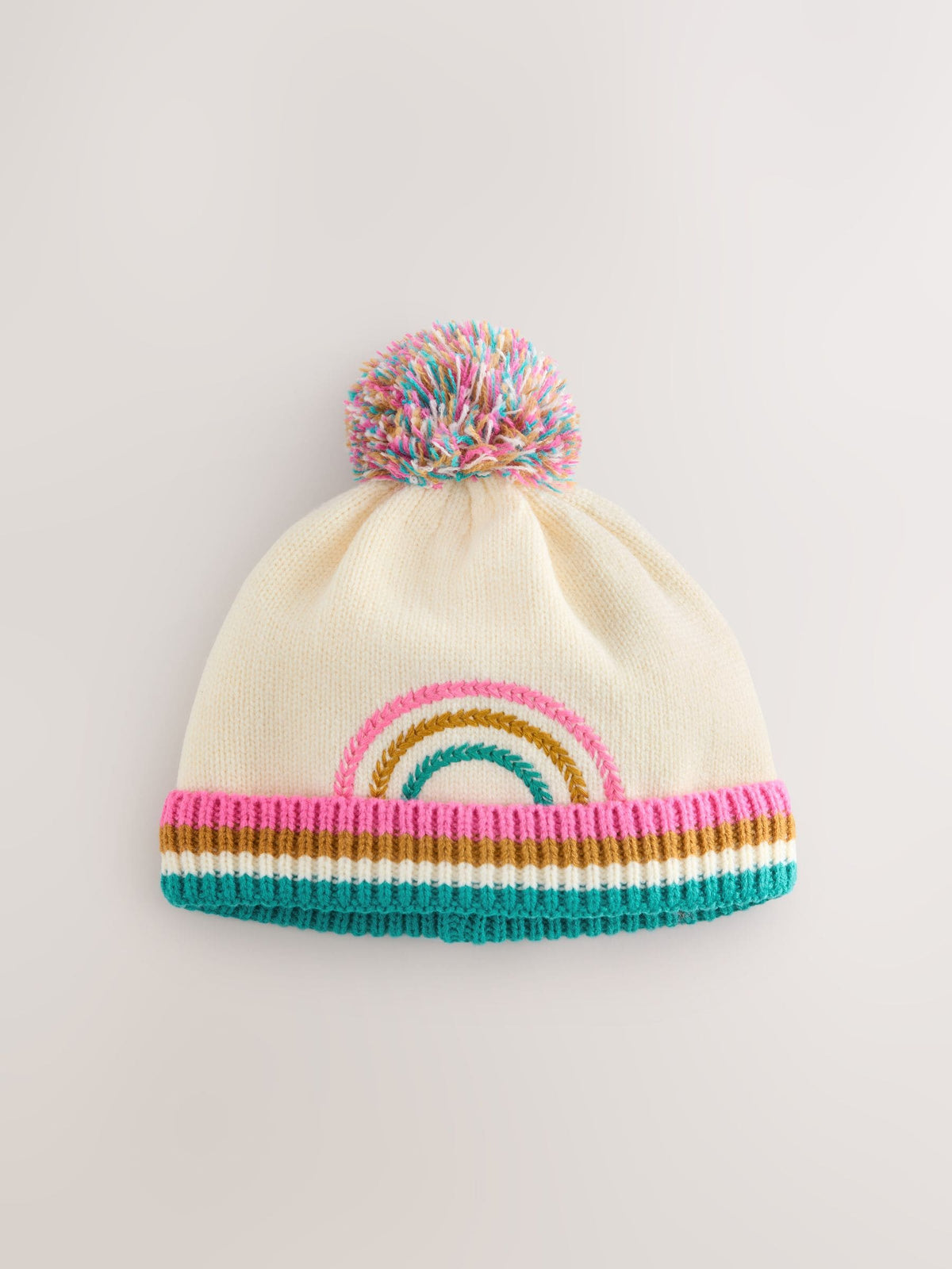 Cream Rainbow Embroidered Baby Knitted Pom Hat (0mths-2yrs) - image 1