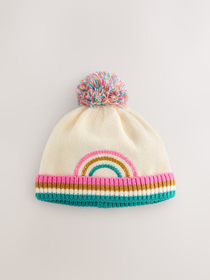 Cream Rainbow Embroidered Baby Knitted Pom Hat (0mths-2yrs) - image 1