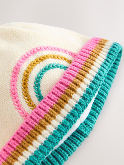 Cream Rainbow Embroidered Baby Knitted Pom Hat (0mths-2yrs) - image 2