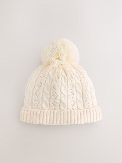 Ecru Pointelle Cable Knitted Pom Hat (0mths-2yrs)