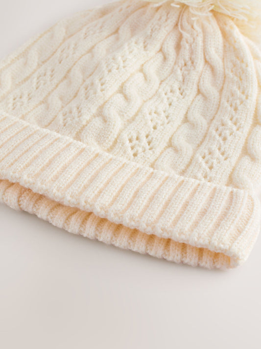 Ecru Pointelle Cable Knitted Pom Hat (0mths-2yrs) image 3