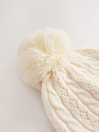 Ecru Pointelle Cable Knitted Pom Hat (0mths-2yrs)