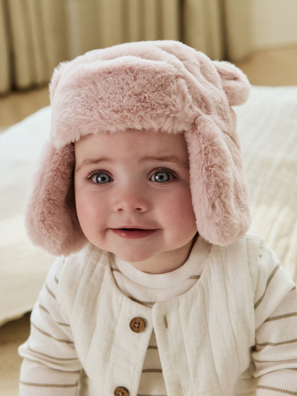 Pink Faux Fur Bear Baby Trapper Hat (0mths-2yrs) image 3