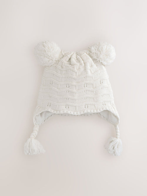 White Knitted Baby Pointelle Double Pom Trapper Hat (0mths-2yrs) image 1