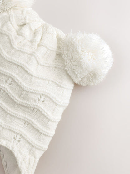 White Knitted Baby Pointelle Double Pom Trapper Hat (0mths-2yrs) image 2