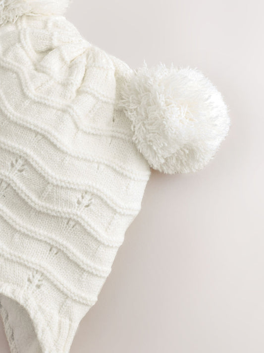White Knitted Baby Pointelle Double Pom Trapper Hat (0mths-2yrs) image 2