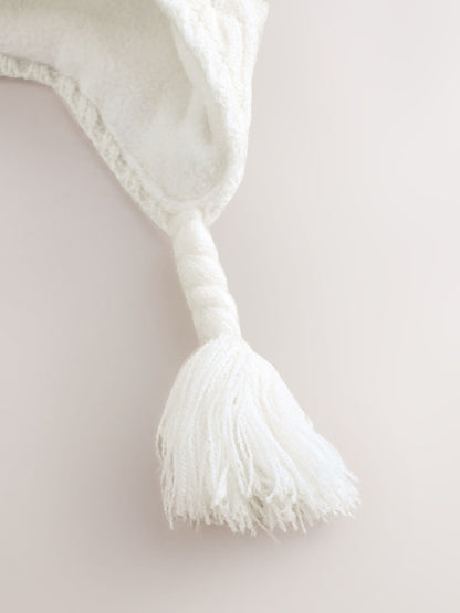 White Knitted Baby Pointelle Double Pom Trapper Hat (0mths-2yrs) image 3