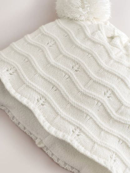 White Knitted Baby Pointelle Double Pom Trapper Hat (0mths-2yrs) image 4