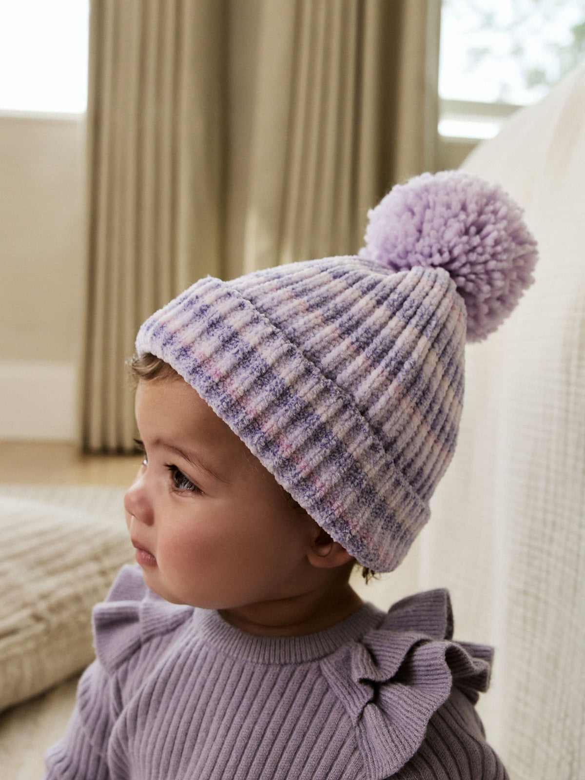 Lilac Tonal Baby Chenille Knitted Pom Hat (0mths-2yrs) - image 2