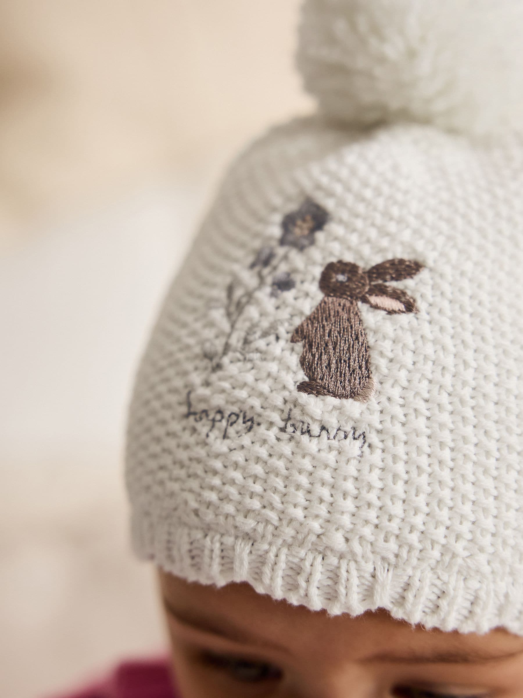 Cream Baby Embroidered Bunny Character Hat (0mths-2yrs) image 3