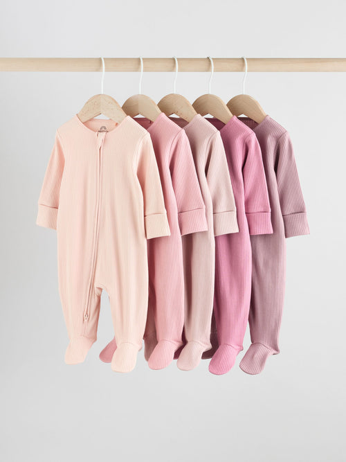 Pink 5 Pack Two Way Zip Baby Sleepsuits (0-2yrs) image 1
