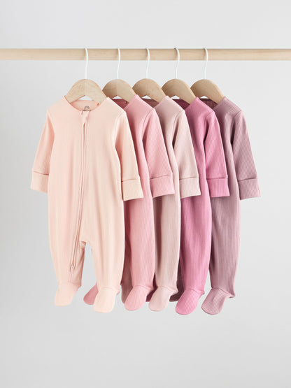 Pink 5 Pack Two Way Zip Baby Sleepsuits (0-2yrs) image 1
