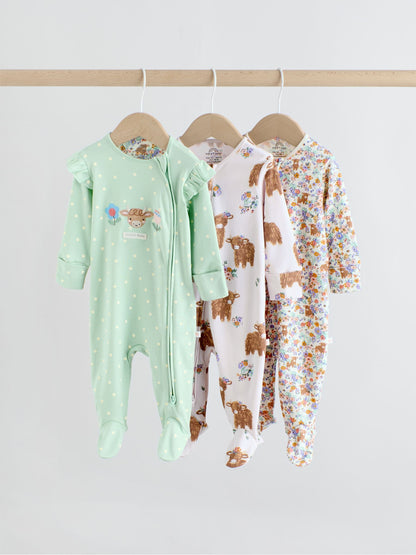 Sage Green Two Way Zip Sleepsuits 3 Pack (0mths-2yrs) image 1