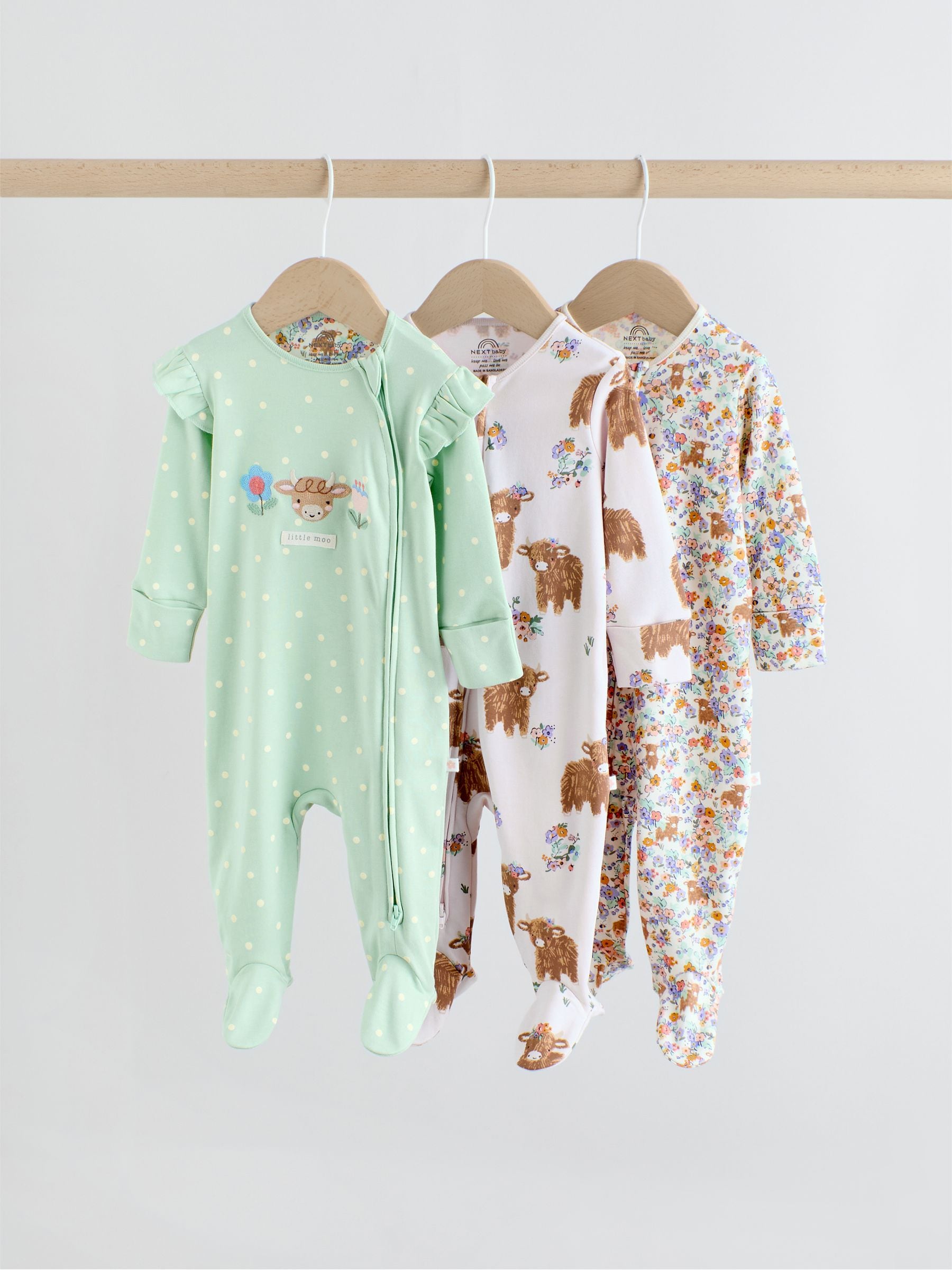 Sage Green Two Way Zip Sleepsuits 3 Pack (0mths-2yrs) image 1
