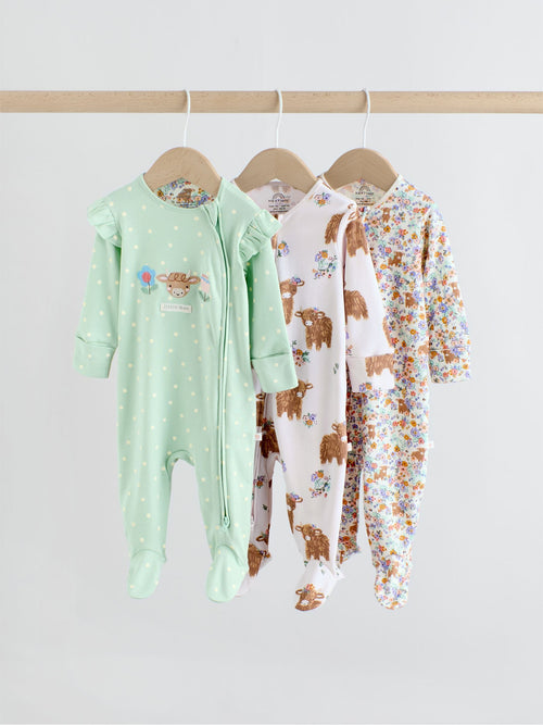 Sage Green Two Way Zip Sleepsuits 3 Pack (0mths-2yrs) image 1