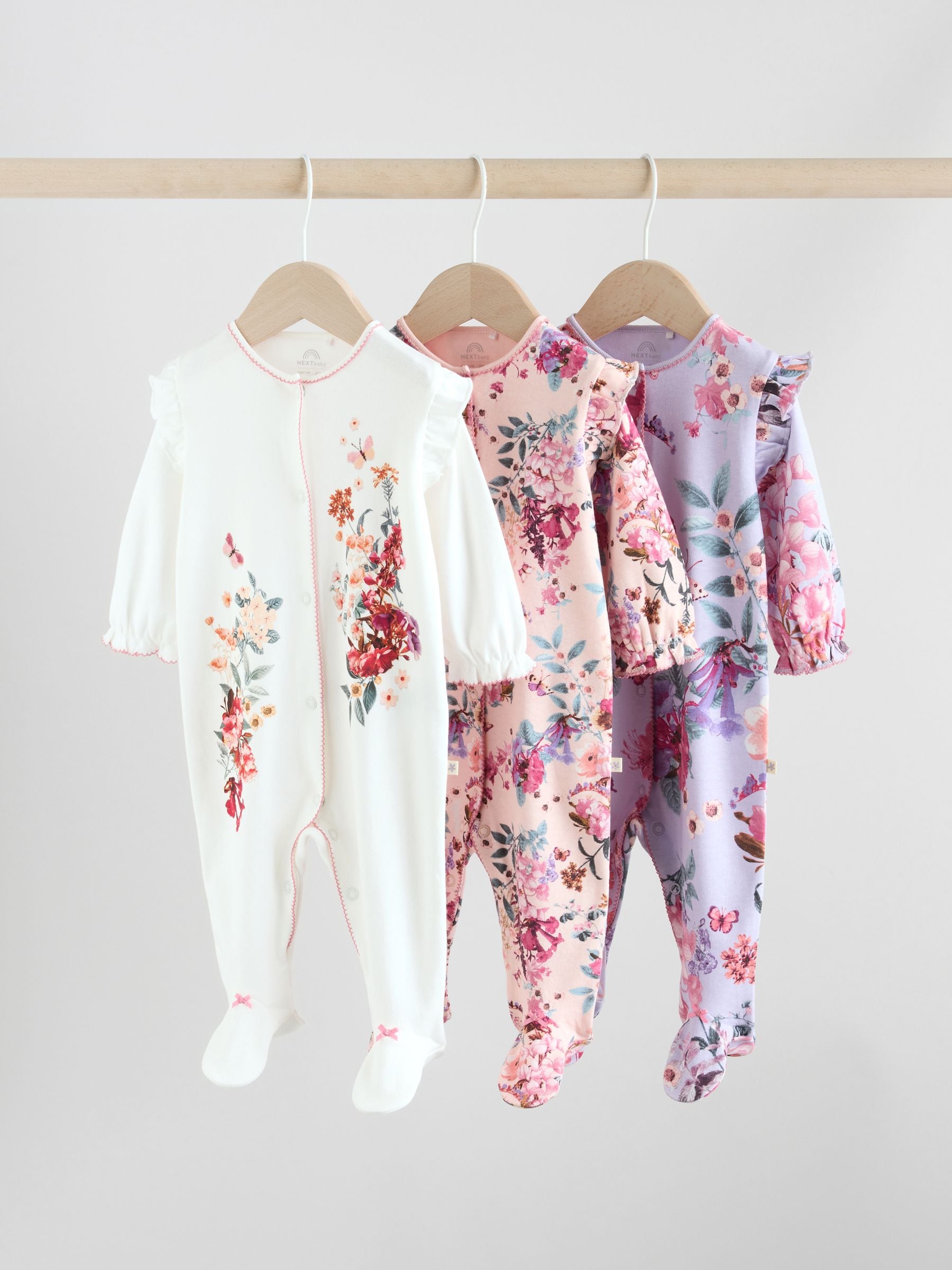 Ecru Floral Baby Sleepsuits 3 Pack (0mths-2yrs) image 1