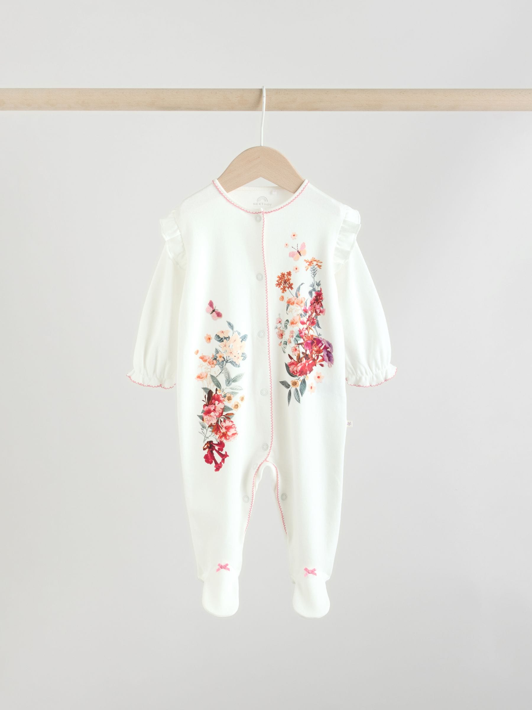 Ecru Floral Baby Sleepsuits 3 Pack (0mths-2yrs) image 5