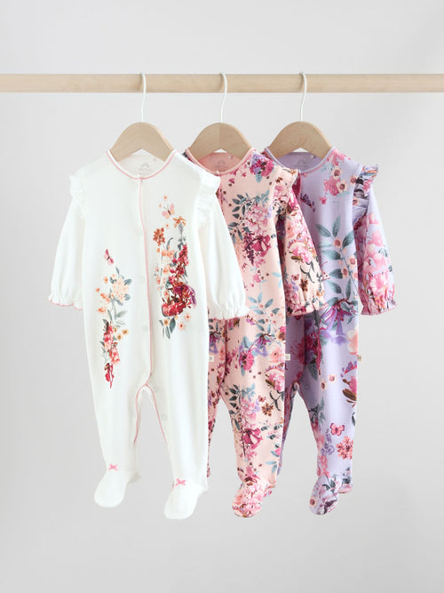 Ecru Floral Baby Sleepsuits 3 Pack (0mths-2yrs) image 1