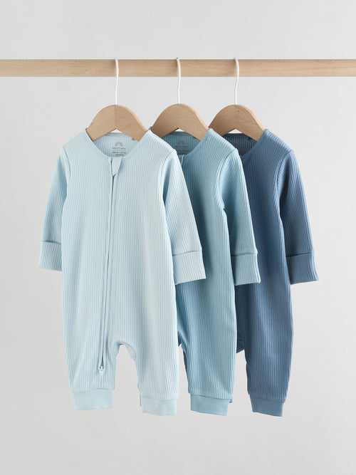 Blue Two Way Zip Footless Baby Sleepsuits 3 Pack (0-3yrs) image 1