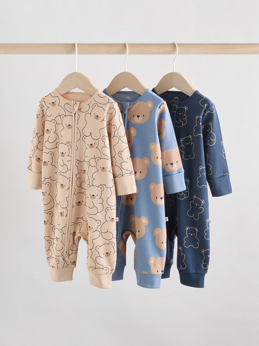 Brown/Navy 3 pack Baby Two Way Zip Footless Cotton Sleepsuits (0mths-3yrs)
