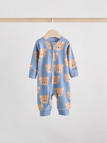 Brown/Navy 3 pack Baby Two Way Zip Footless Cotton Sleepsuits (0mths-3yrs)