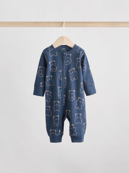 Brown/Navy 3 pack Baby Two Way Zip Footless Cotton Sleepsuits (0mths-3yrs)