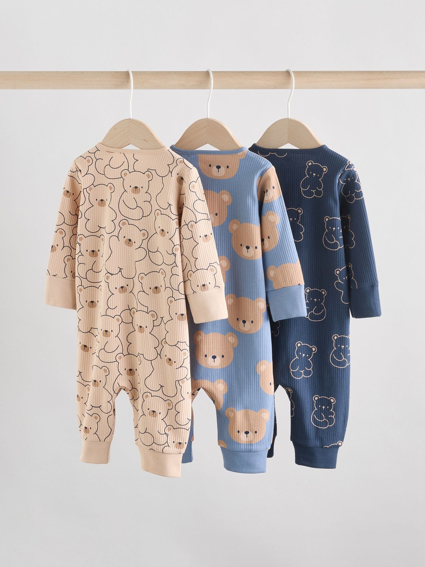 Brown/Navy 3 pack Baby Two Way Zip Footless Cotton Sleepsuits (0mths-3yrs)