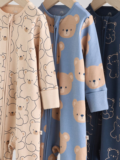 Brown/Navy 3 pack Baby Two Way Zip Footless Cotton Sleepsuits (0mths-3yrs)