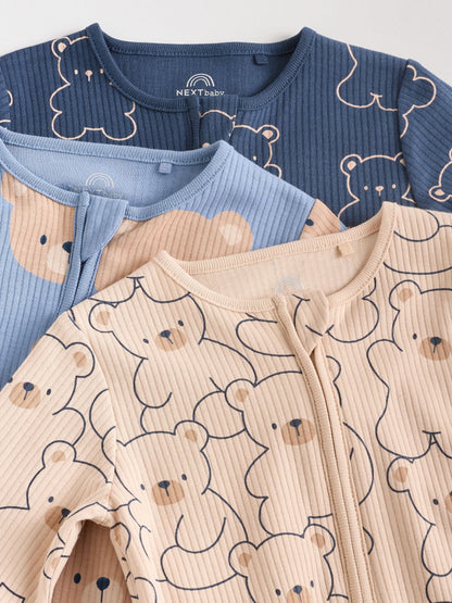 Brown/Navy 3 pack Baby Two Way Zip Footless Cotton Sleepsuits (0mths-3yrs)