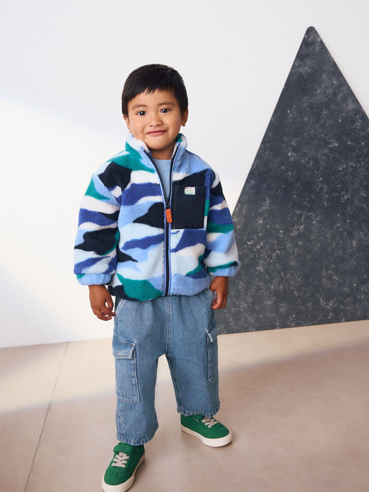 Blue/White Patterned Zip Through Fleece (3mths-7yrs)
