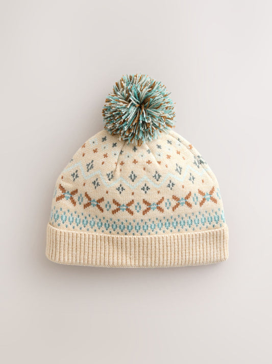 Natural Fairisle Pattern Baby Knitted Pom Beanie Hat (0mths-2yrs) image 1