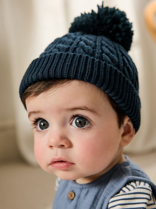Navy Baby Knitted Hat With Pom (0mths-2yrs) image 1
