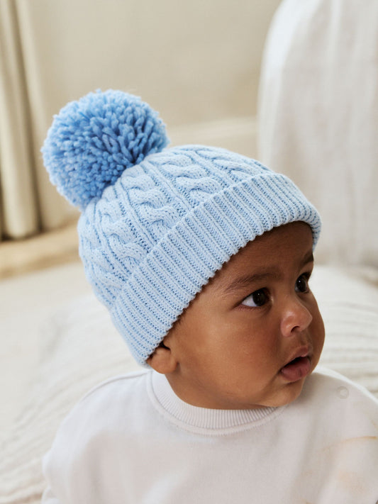 Blue Cable Baby Knitted Hat With Pom (0mths-2yrs) image 1