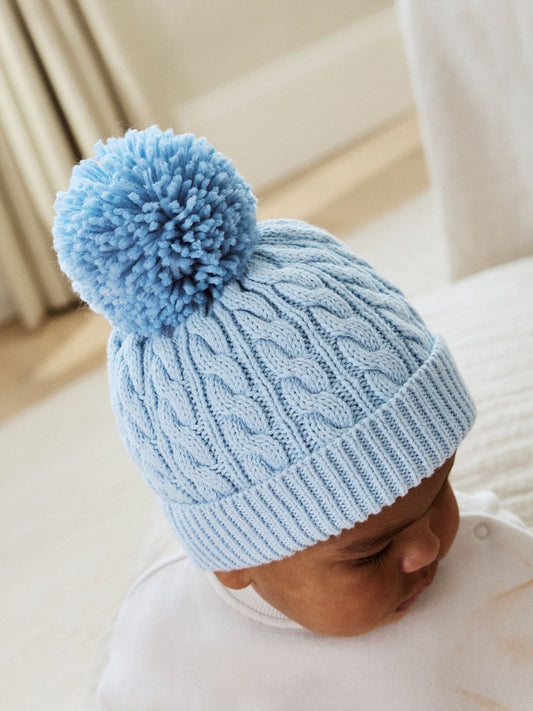 Blue Cable Baby Knitted Hat With Pom (0mths-2yrs) image 3