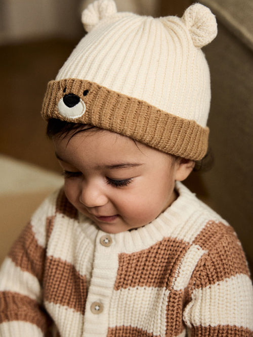 Brown Bear Face Ribbed Baby Beanie Hat image 1