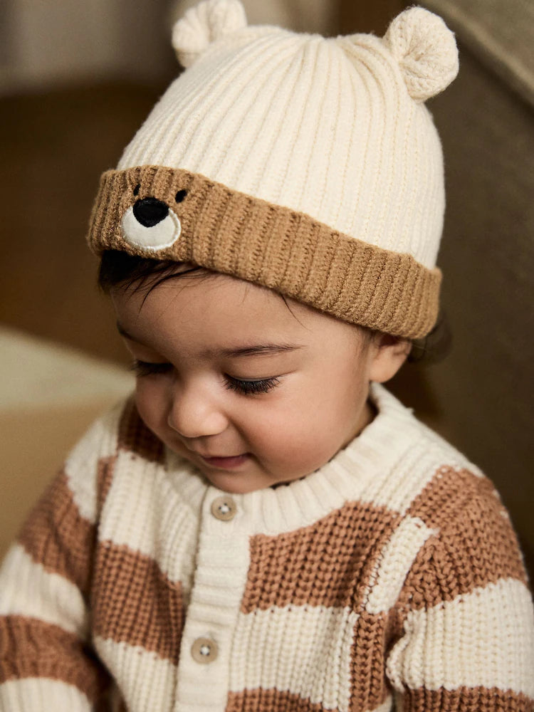 Brown Bear Face Ribbed Baby Beanie Hat (0mths-2yrs)