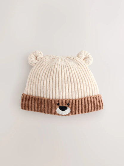 Brown Bear Face Ribbed Baby Beanie Hat (0mths-2yrs)