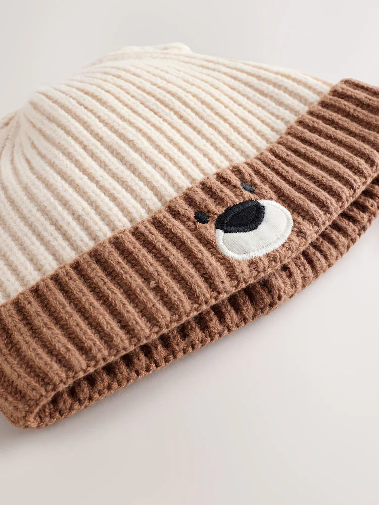 Brown Bear Face Ribbed Baby Beanie Hat (0mths-2yrs)